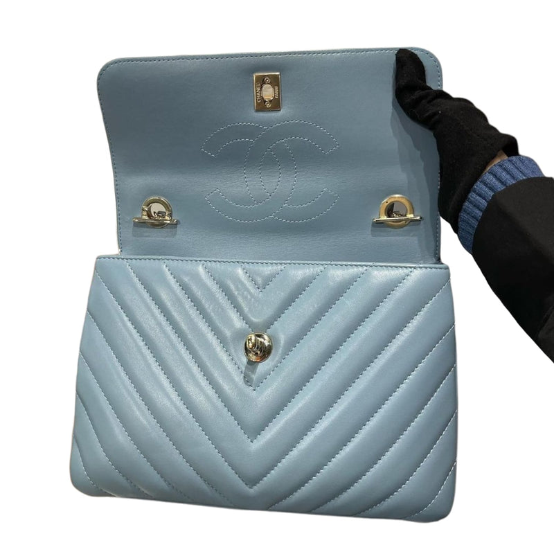 Small Trendy CC Flap Lambskin Chevron Quilted Light Blue SHW