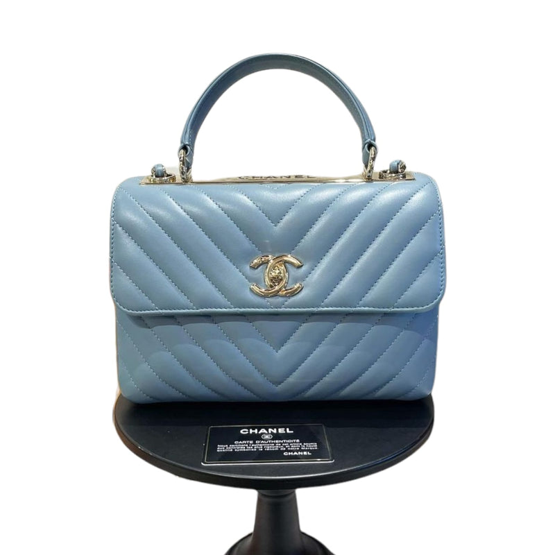 Small Trendy CC Flap Lambskin Chevron Quilted Light Blue SHW