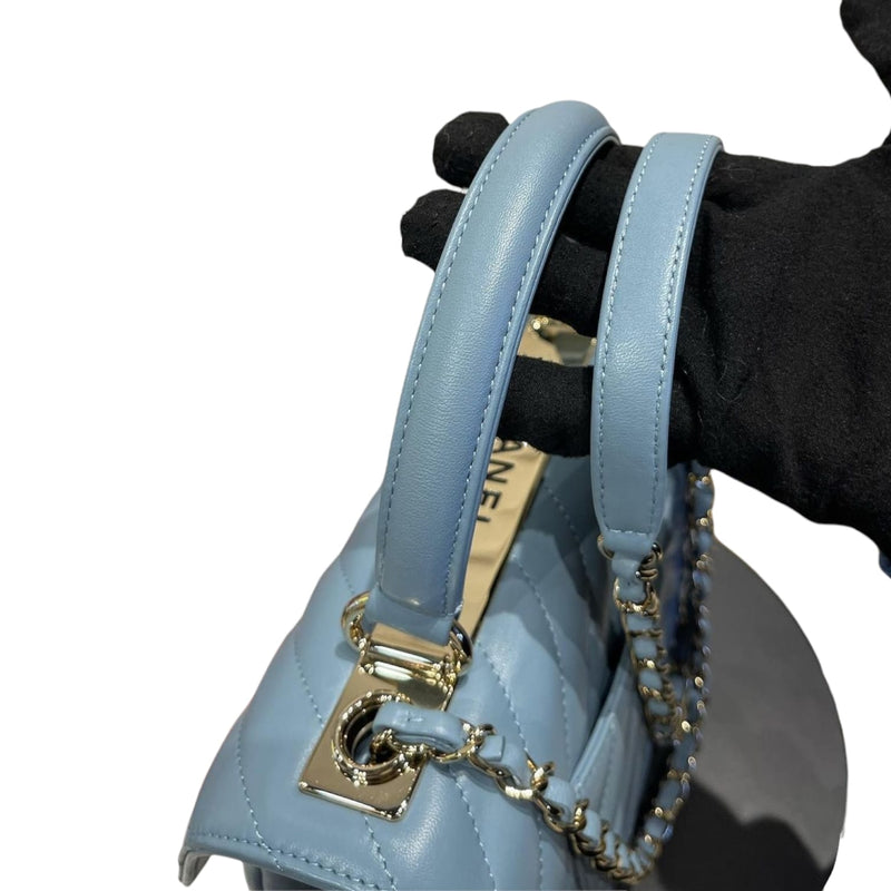 Light Blue Chevron Medium Trendy CC Top Handle Bag Gold Hardware, 2019