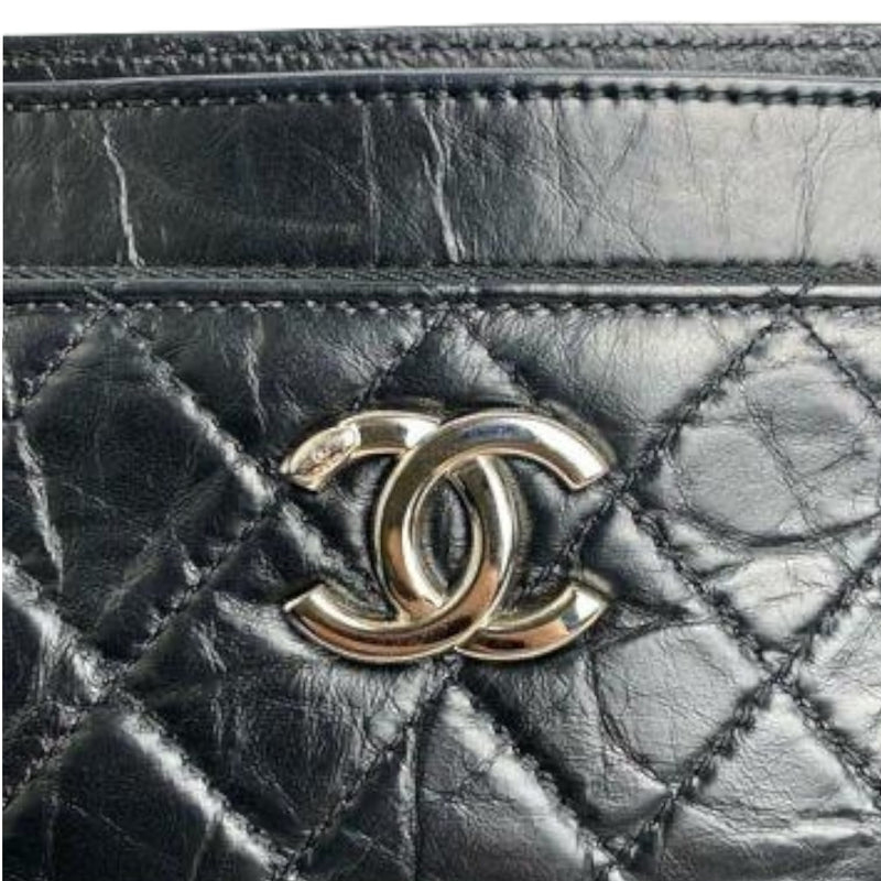 Shoulder Quilted Crinkled Calfskin Black SHW