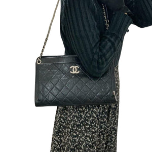Shoulder Quilted Crinkled Calfskin Black SHW