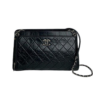 Shoulder Quilted Crinkled Calfskin Black SHW