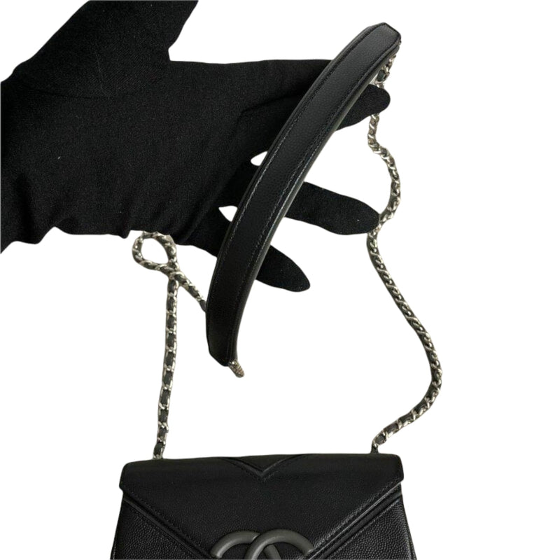 CHANEL Twill Caviar Leather Chain Shoulder Silver Buckle Chain Shoulder Bag  Black