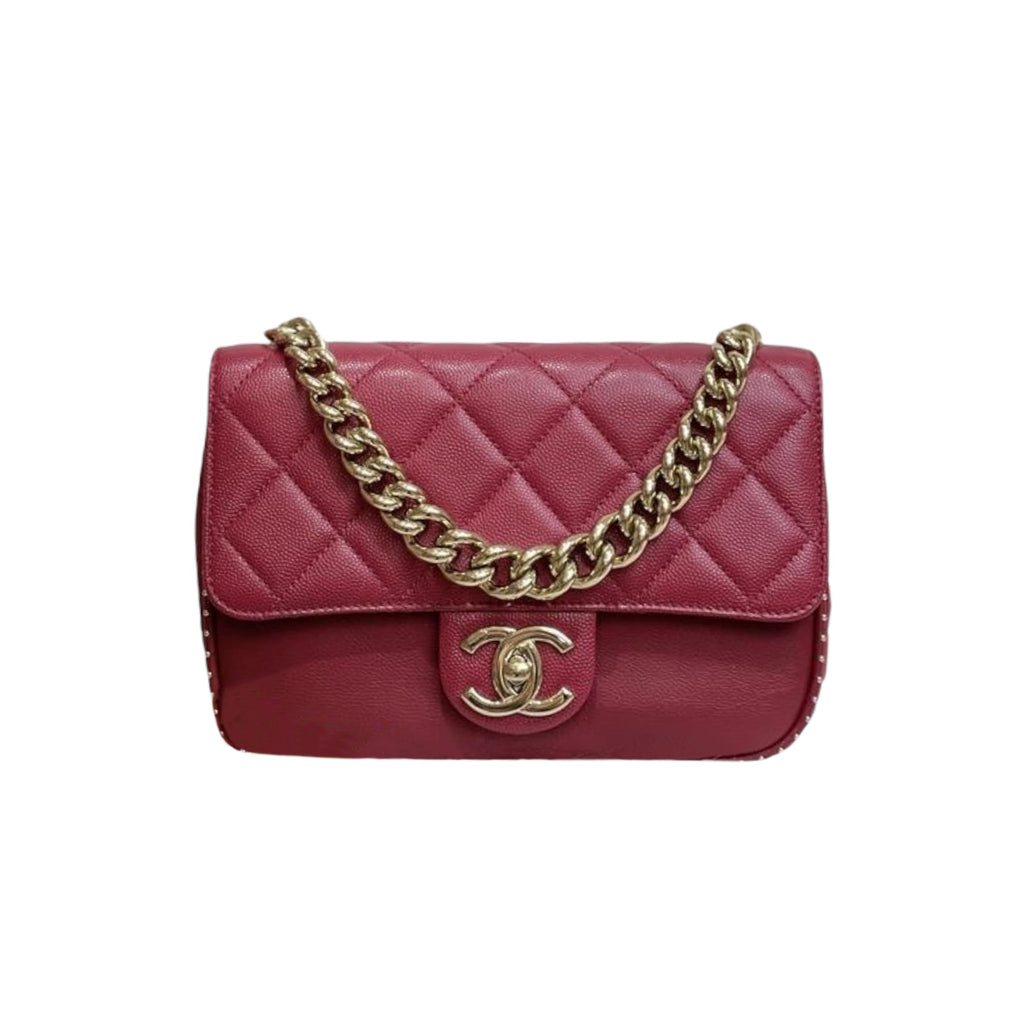 Classic Flap Chain Handle Studded Caviar/Calf Red GHW