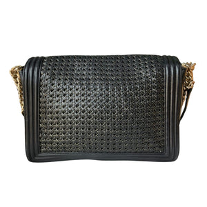 Large Boy Flap Bag Woven Leather Black GHW