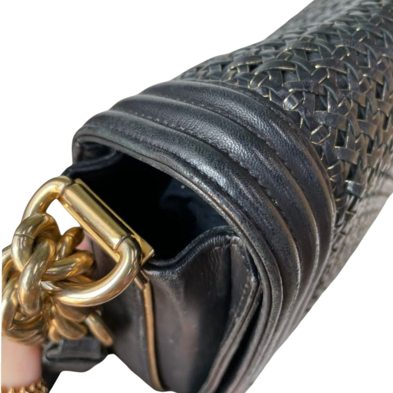 Large Boy Flap Bag Woven Leather Black GHW