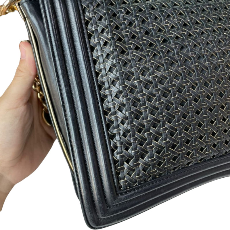 Large Boy Flap Bag Woven Leather Black GHW