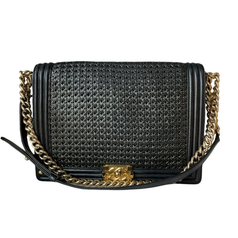 Large Boy Flap Bag Woven Leather Black GHW