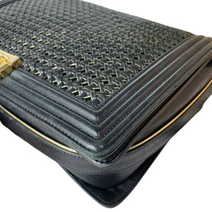 Large Boy Flap Bag Woven Leather Black GHW