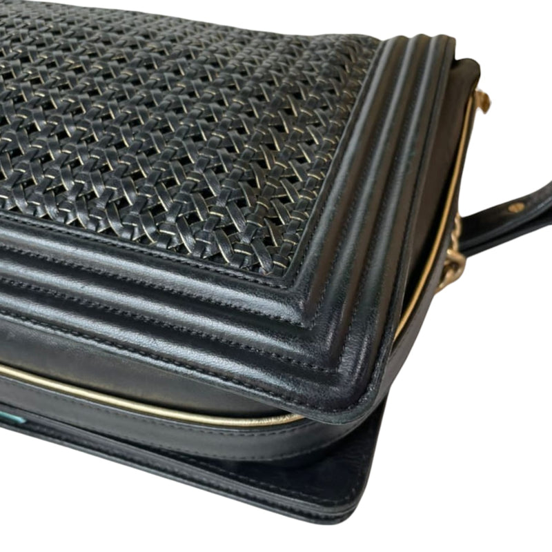 Large Boy Flap Bag Woven Leather Black GHW
