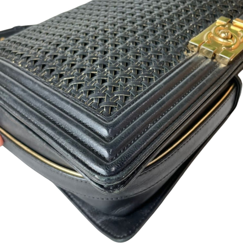 Large Boy Flap Bag Woven Leather Black GHW