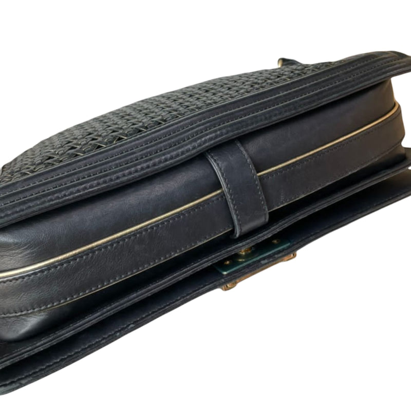 Large Boy Flap Bag Woven Leather Black GHW