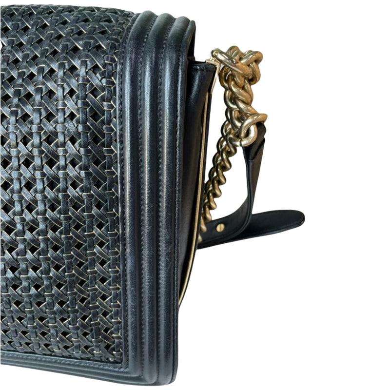 Large Boy Flap Bag Woven Leather Black GHW