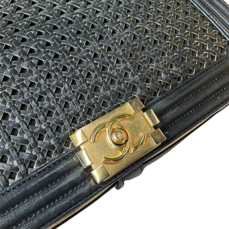 Large Boy Flap Bag Woven Leather Black GHW