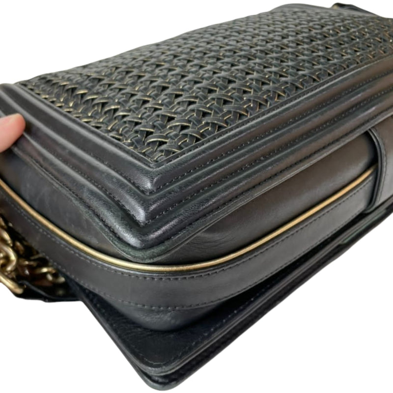 Large Boy Flap Bag Woven Leather Black GHW