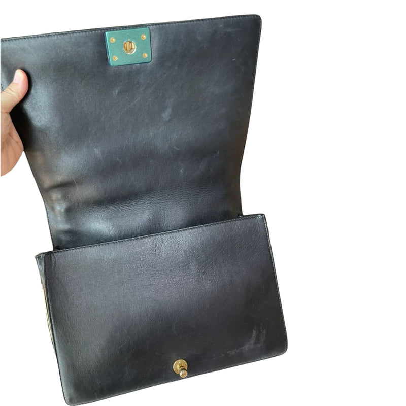 Large Boy Flap Bag Woven Leather Black GHW