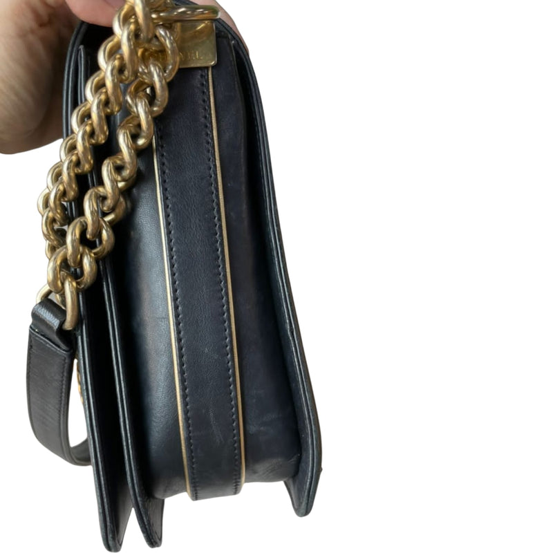Large Boy Flap Bag Woven Leather Black GHW
