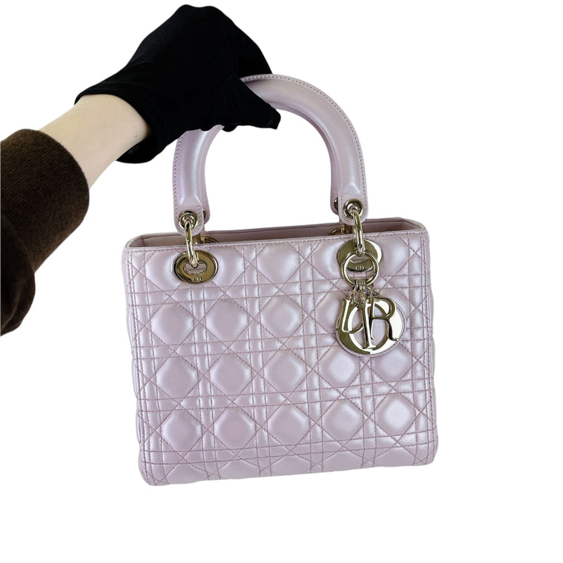 Medium Lady Dior Cannage Lambskin Pearl Pink GHW