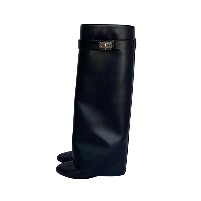 Shark Lock Wedge Knee High Boots Black