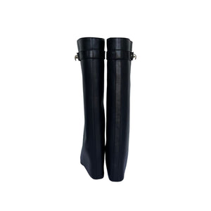 Shark Lock Wedge Knee High Boots Black