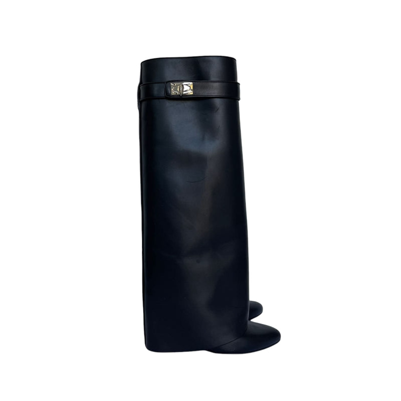 Shark Lock Wedge Knee High Boots Black