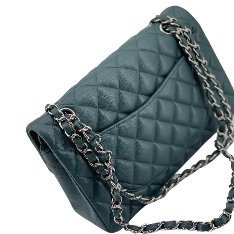 Medium Classic Double  Flap Caviar Green SHW