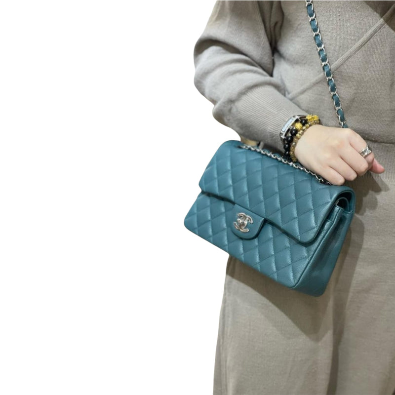 Chanel Teal Green Chevron Caviar Medium Classic Double Flap Bag GHW