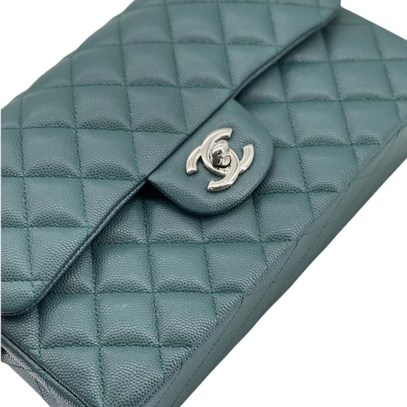 Medium Classic Double  Flap Caviar Green SHW