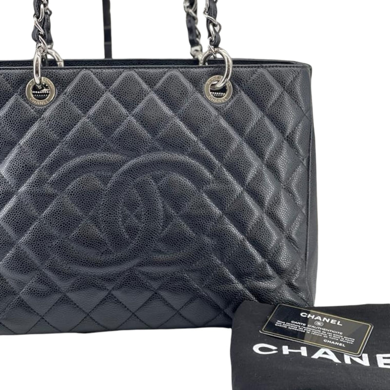 New Chanel Quilted Black Matelasse Silver Chain Grand Shopping Bag
