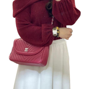 Medium Classic Round CC Flap Chevron Lambskin Red SHW