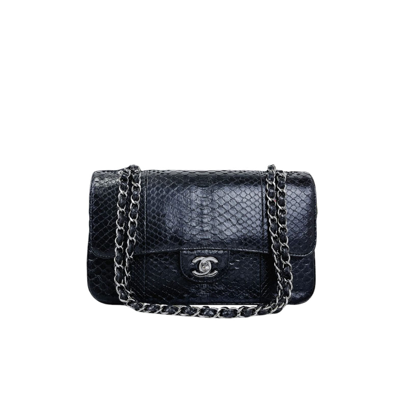 Medium Classic Double Flap Python Black SHW