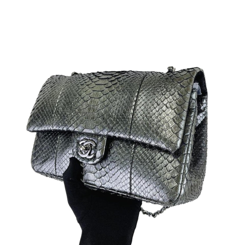 Medium Classic Double Flap Python Metallic Grey SHW