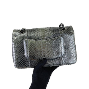 Medium Classic Double Flap Python Metallic Grey SHW