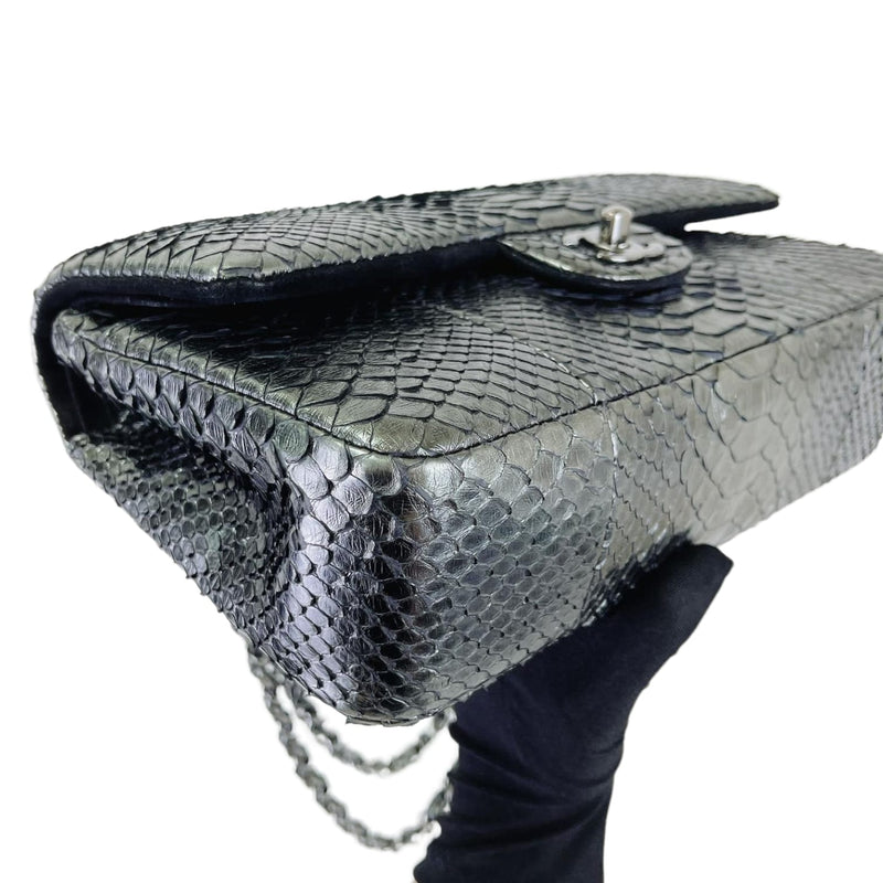 Medium Classic Double Flap Python Metallic Grey SHW