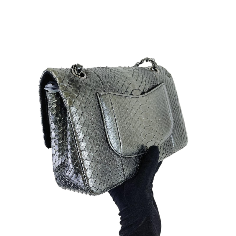 Medium Classic Double Flap Python Metallic Grey SHW