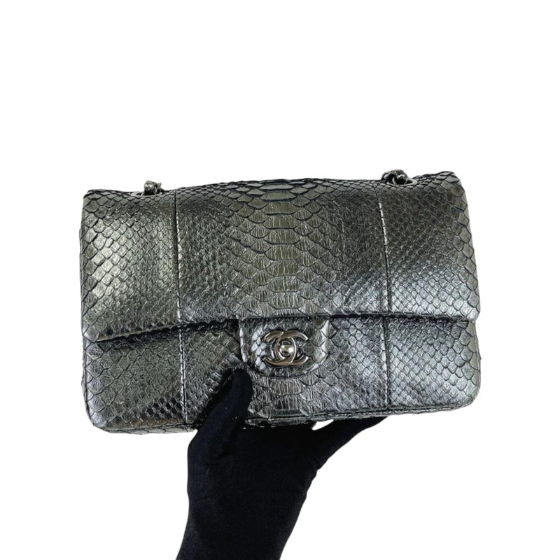 Medium Classic Double Flap Python Metallic Grey SHW