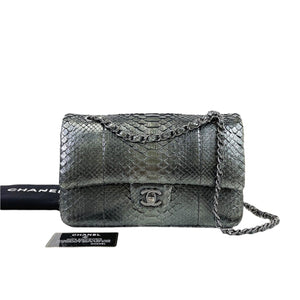 Medium Classic Double Flap Python Metallic Grey SHW