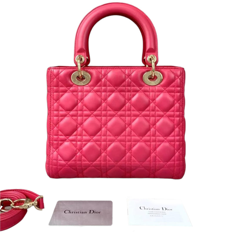 Medium Lady Dior Cannage Lambskin Rose Red GHW