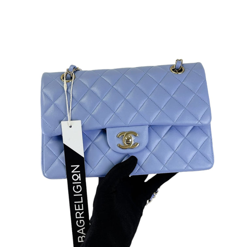 Lambskin Quilted Medium Double Flap Light Blue – Trends Luxe