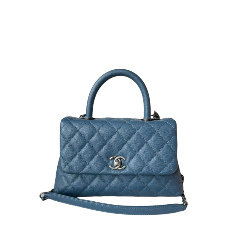 Chanel Chevron Coco Handle Shoulder Bag Blue Medium