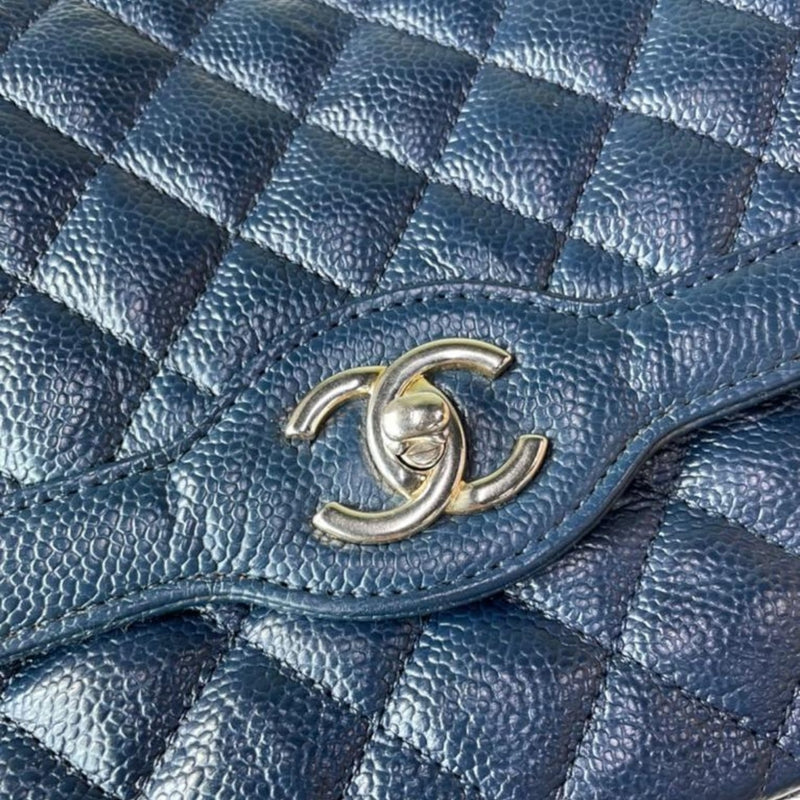 Chanel Classic Double Flap Quilted Caviar Silver-tone Medium Navy Blue - US