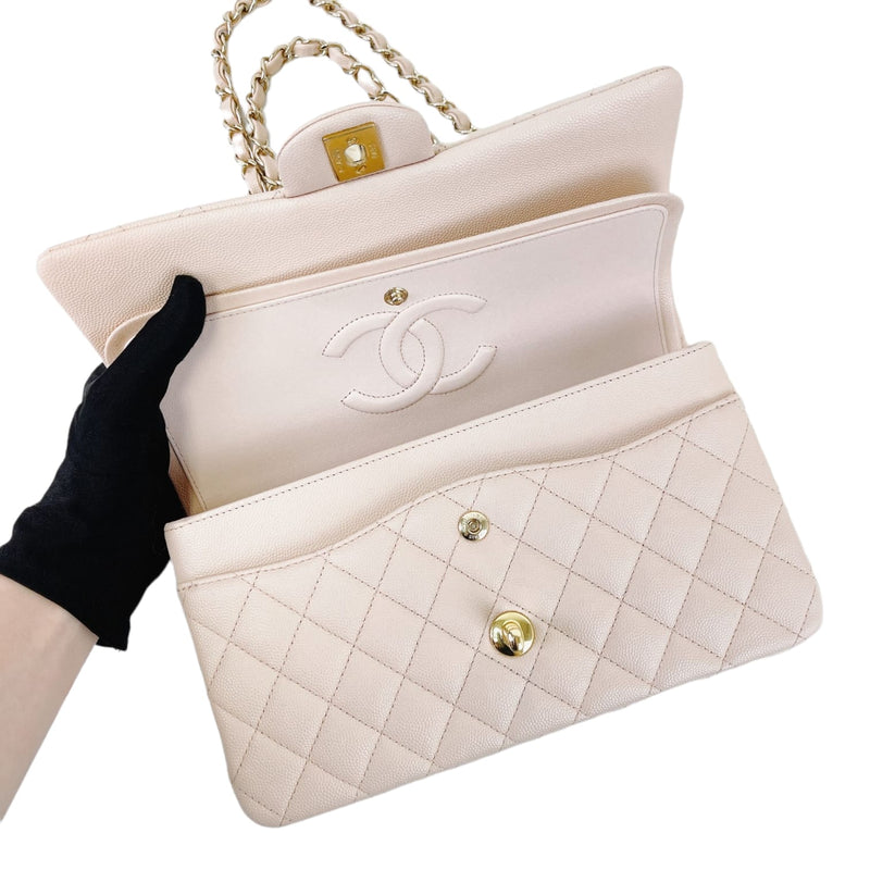 CHANEL 22C Pink White Tweed Medium Flap Handbag Gold 2022 Classics