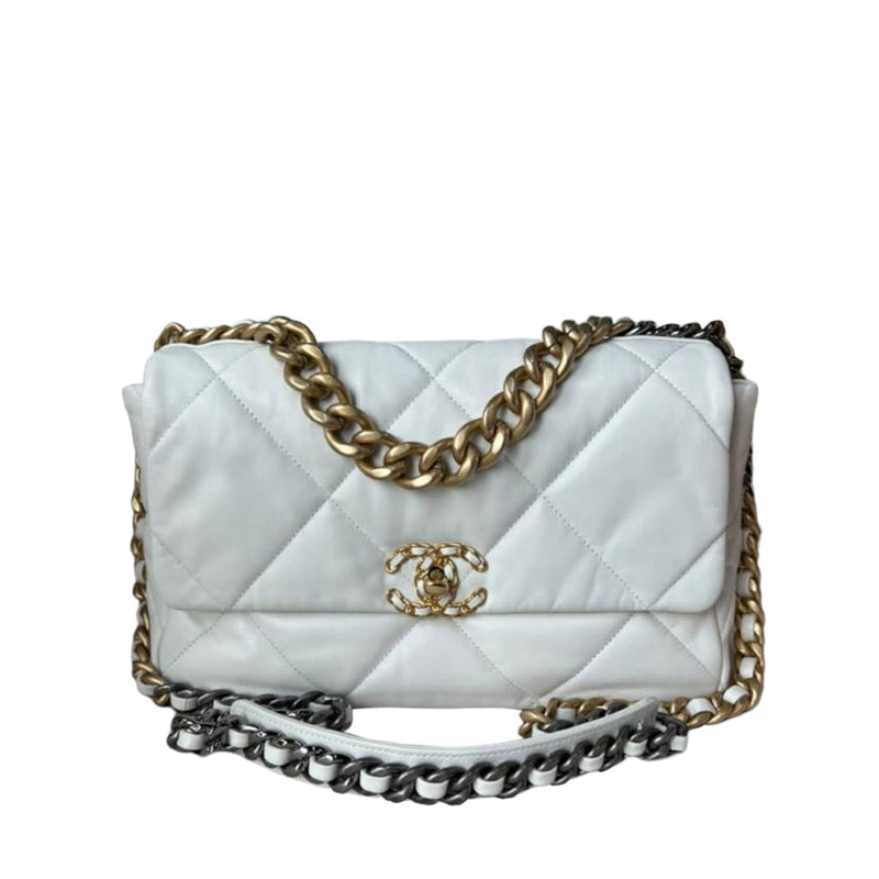 CHANEL Lambskin Quilted Large Chanel 19 Flap White | FASHIONPHILE