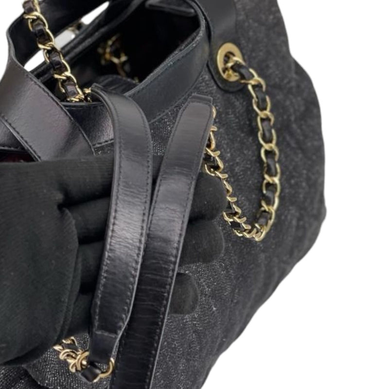 Denim Quilted Shopping Tote Black GHW