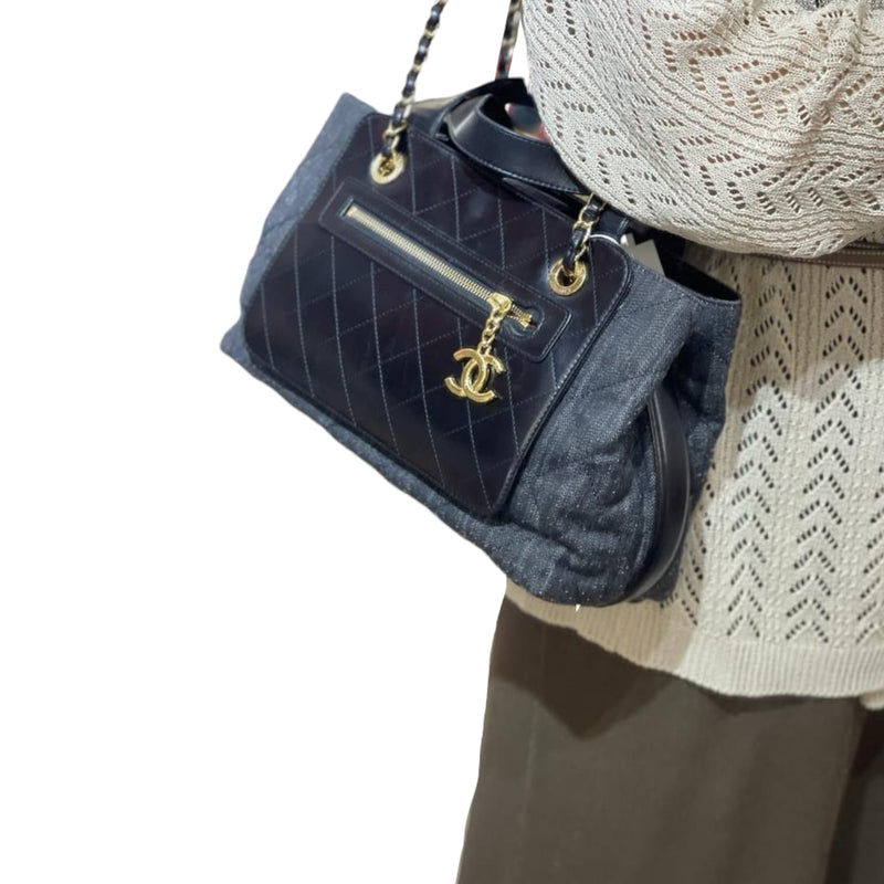 Denim Quilted Shopping Tote Black GHW