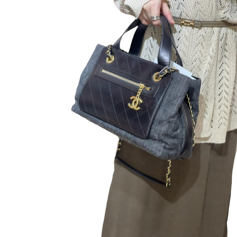 Denim Quilted Shopping Tote Black GHW