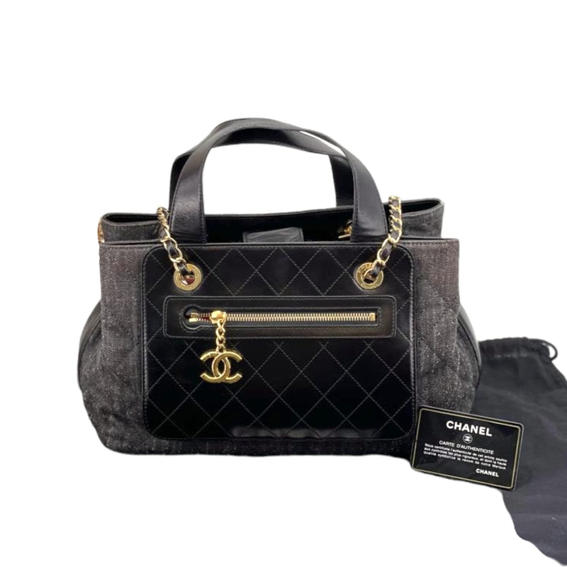 Denim Quilted Shopping Tote Black GHW