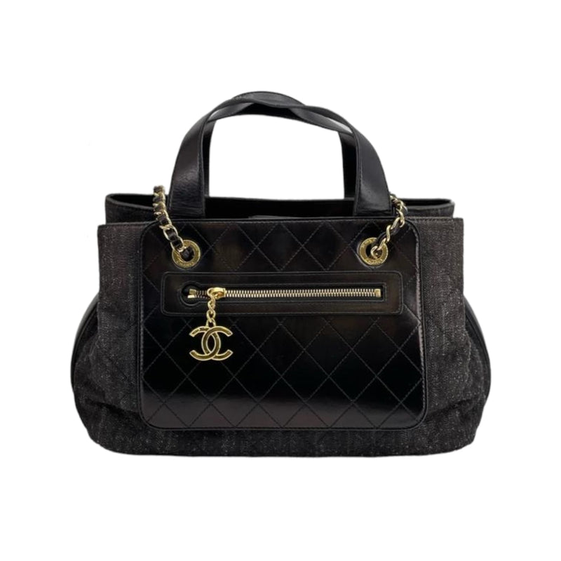 Denim Quilted Shopping Tote Black GHW