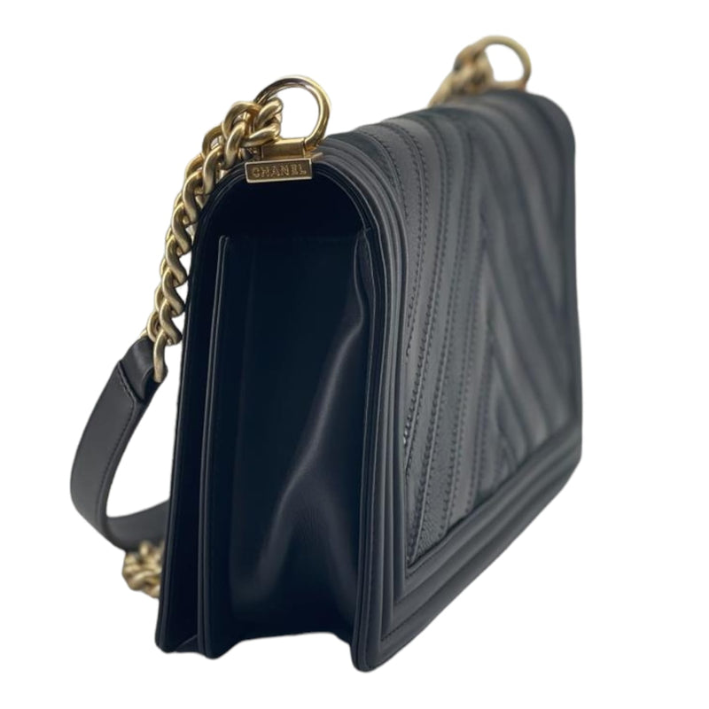 New Medium Chevron Boy Bag Mixed Leather Black GHW