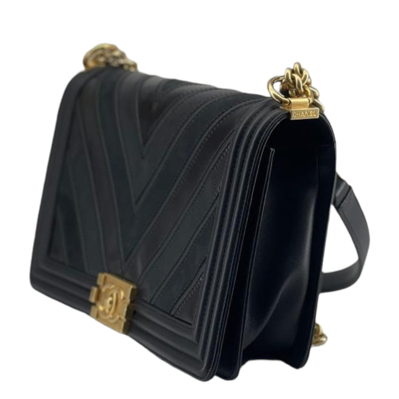 New Medium Chevron Boy Bag Mixed Leather Black GHW